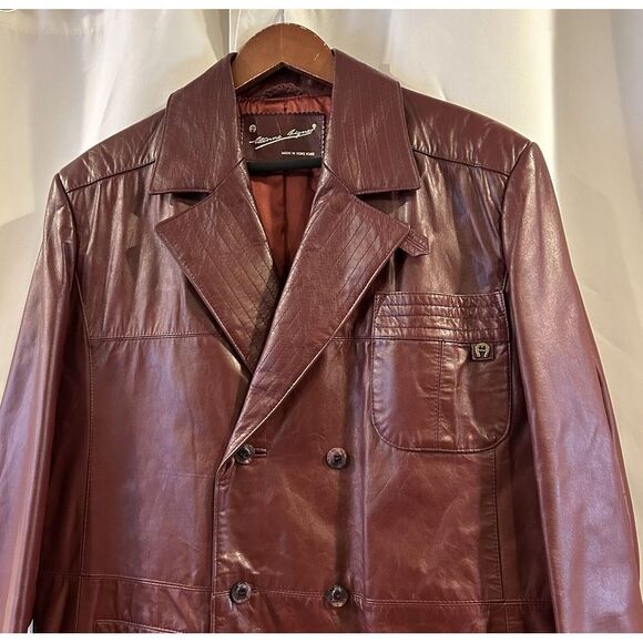 Vtg Etienne Aigner OXBLOOD Leather Double Breasted NORFOLK Belted Back Jacket 42 - Picture 3 of 7